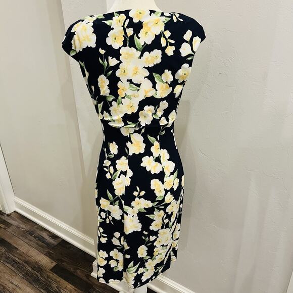 Lauren Ralph Lauren Dress Women 6 Navy Blue Yellow Floral V-Neck (A0132) - Picture 4 of 6